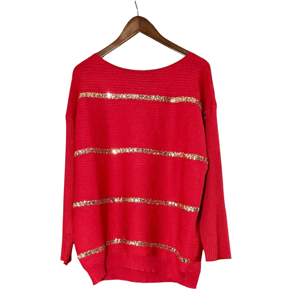 JM Collection Women Red Sequin Striped Ribbed Knit Sweater Top Sz L Holiday